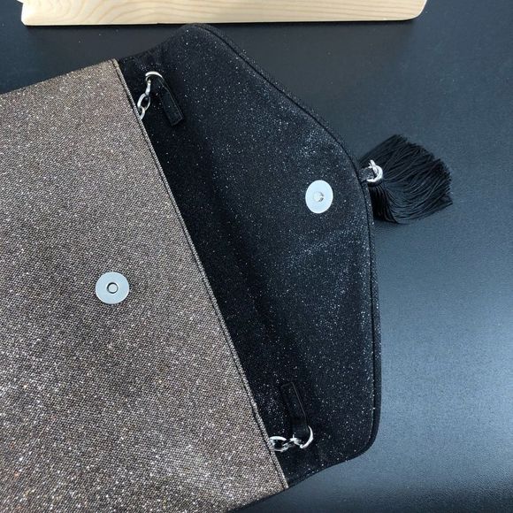 MNG Mango Shimmery Gold Black Envelope Tassel Convertible Clutch - Picture 9 of 14